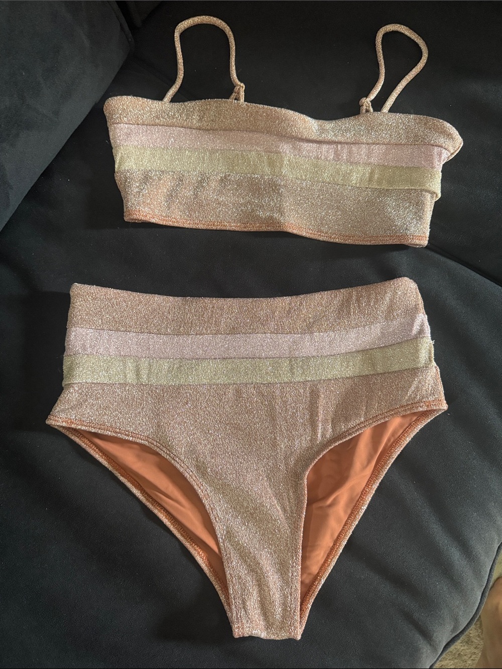 Shimmery Sparkle Peach/Tan High-Waist Bikini Set with Pastel Stripes